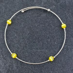 Vintage Sterling Silver Simulated Yellow Cat's Eye Bead Memory Wire Bracelet 8"